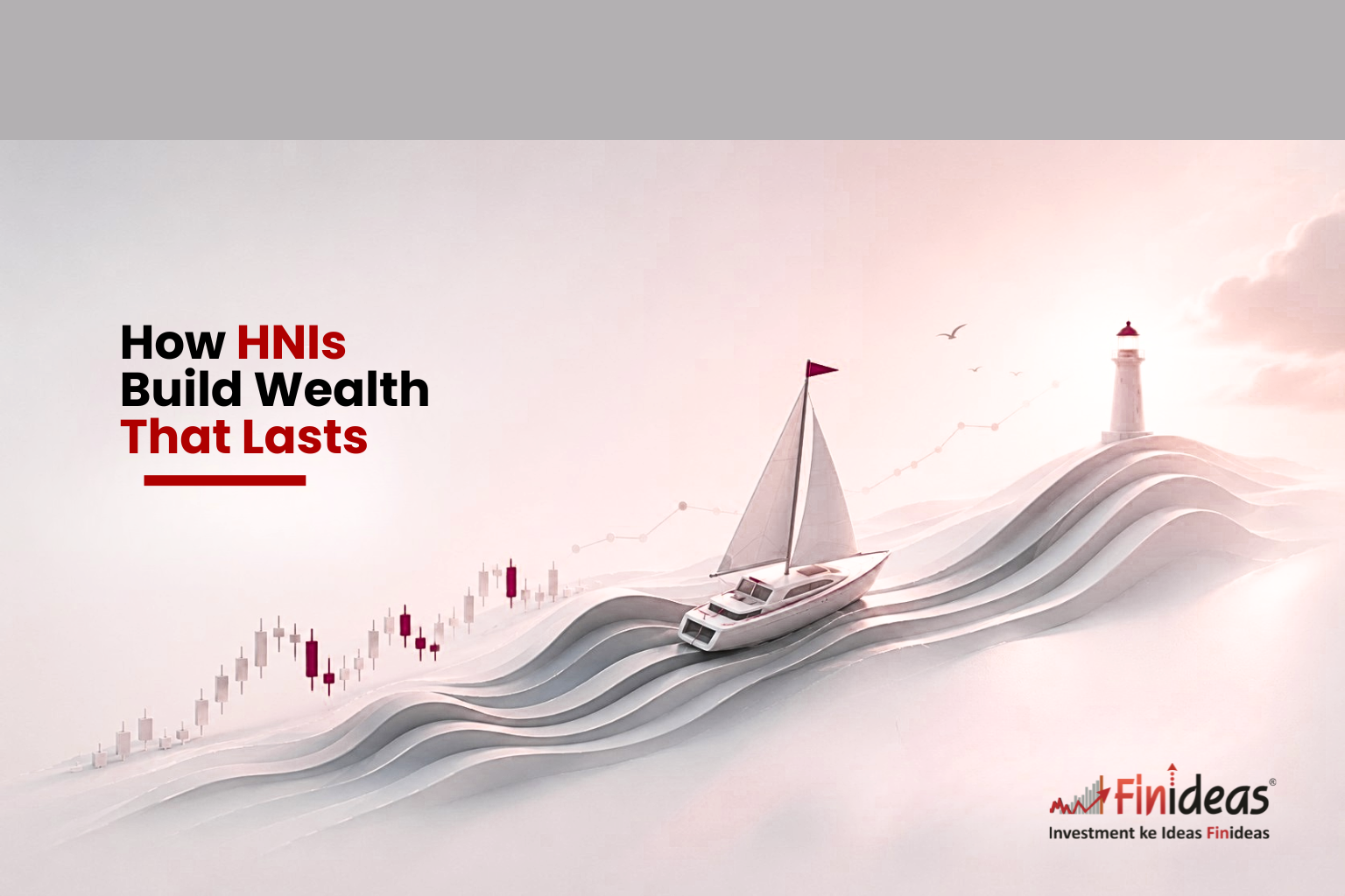 Minimal financial illustration of a sailboat moving through soft market waves with a lighthouse in the distance, representing calm and steady wealth growth.
